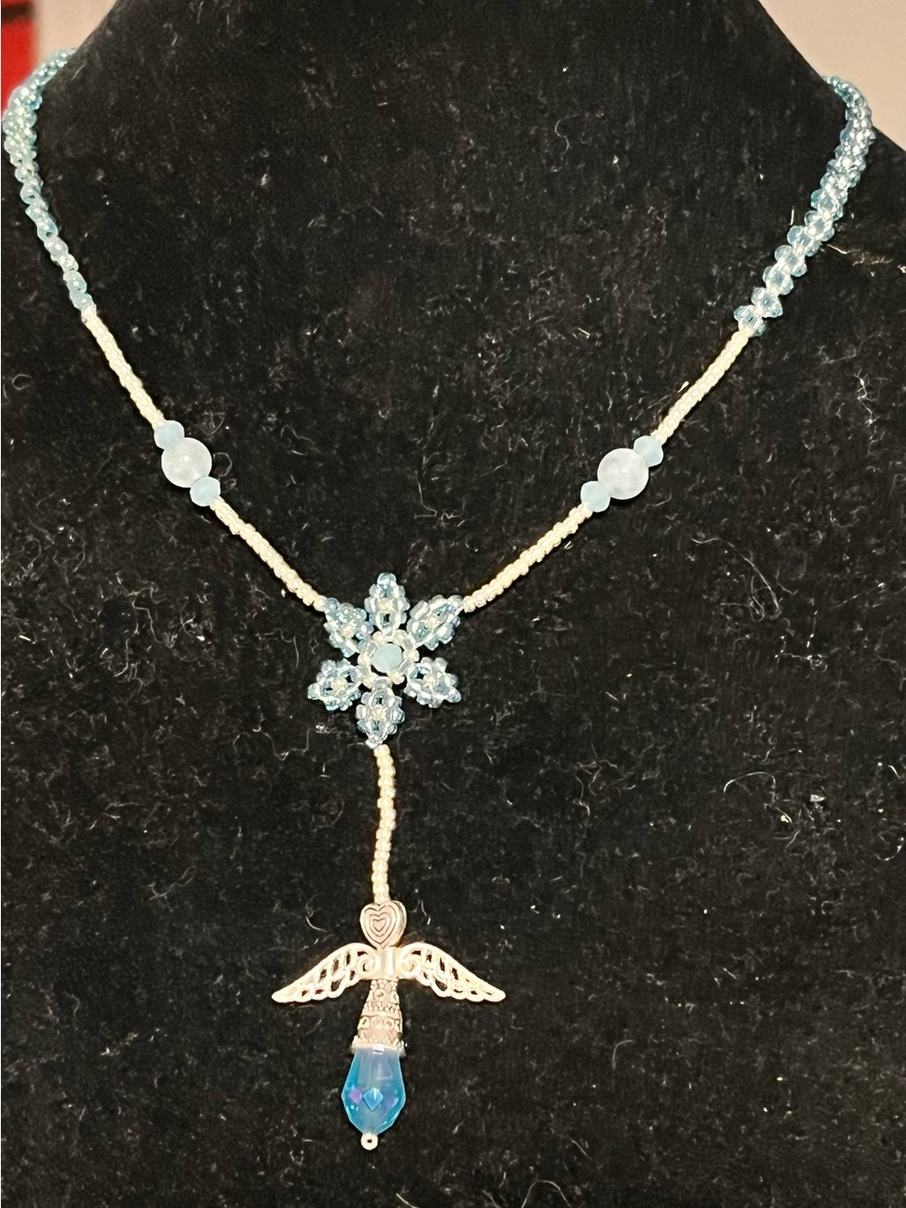 Delicate Light Blue Beaded Angel Pendant Necklace
